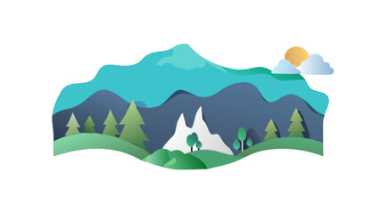 Mountain landscape vector illustration with trees sun and clouds scenic nature background design for print 100