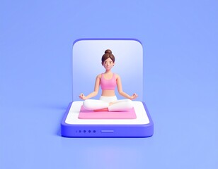 Finding inner peace a woman meditates virtually embracing mindfulness on a smartphone against a soft