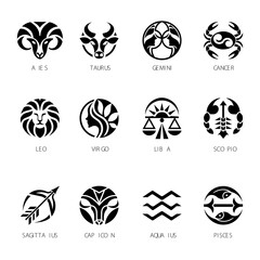 A black and white flat icon set of the 12 zodiac signs featuring stylized, minimalistic representations of Aries, Taurus, Gemini, Cancer, Leo, Virgo, Libra, Scorpio, Sagittarius, Capricorn, Aquarius, 