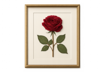 Vintage golden frame encasing weathered red rose, delicate stem and leaves contrasting against pristine white surface