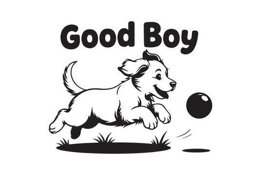 Happy puppy dog running and playing with a ball isolated on white background