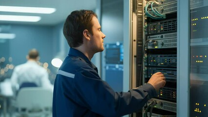 Technican working on server rack data center it support - Powered by Adobe