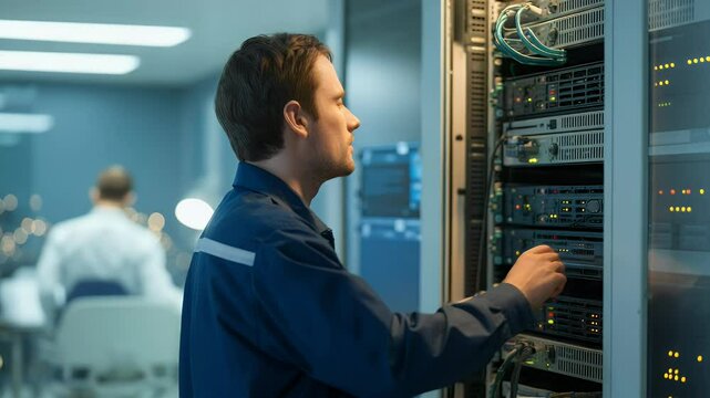 Technican working on server rack data center it support