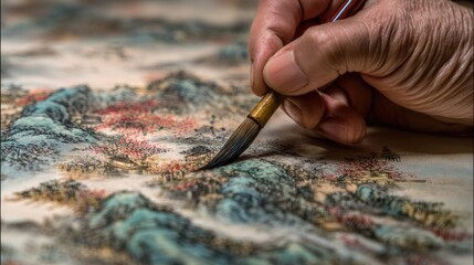 Artist paints landscape, close-up hand, studio, Asian art