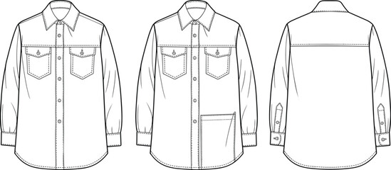 Flat Vector CAD Technical Drawing of Long Sleeve Utility Shirt with Front Pockets and Cuffs, Detailed Fashion Design Sketch Template © Legend Monir