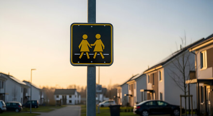 Girls Crossing Sign Near A Residential Area At Golden Hour With Modern Houses