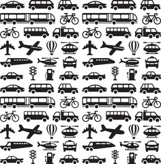 collection of various transportation vehicles and elements silhouette isolated on transparent background