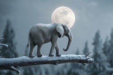 Majestic Elephant Walking on Snowy Branch under Full Moon