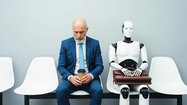 A businessman and a robot sit side by side in a waiting room, each holding a briefcase