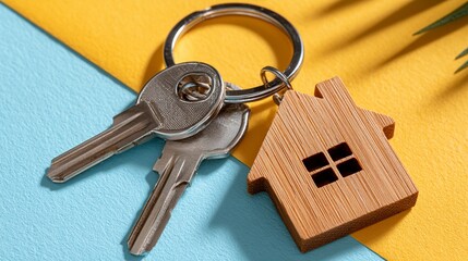 House keys and a wooden home keychain on a colorful background with shadow - real estate concept