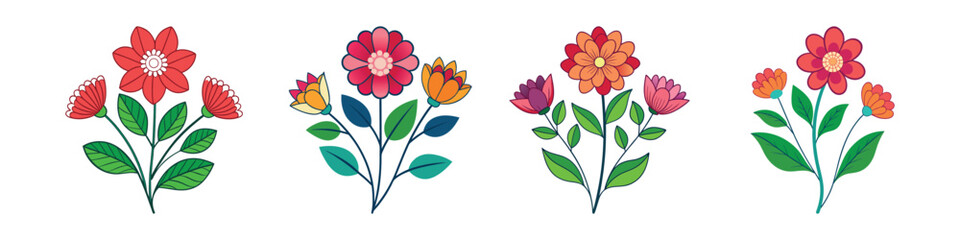 Various Flowers Flat Illustration in Simple Minimalist Flat Style