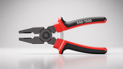 Obraz premium A professional product photo shows a red-handled wire stripper with black metal body, spring mechanism, and white text, positioned open on white background