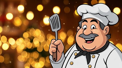 Happy cartoon chef holding spatula with warm bokeh background