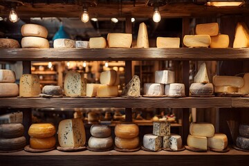 Fototapeta premium Assorted cheeses displayed on rustic wooden shelves with wedges and wheels for customers 