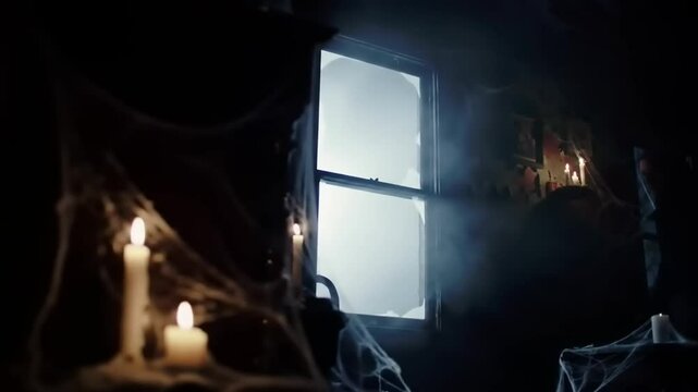 Mysterious dimly lit room with a window revealing fog and cobwebs, candles casting shadows