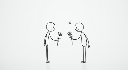Giving flower drawing featuring two stick figures and heart symbol