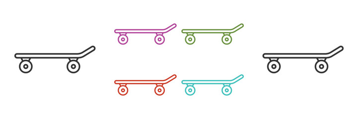 Skateboard icon. Different colour skateboard vector icon for web design isolated on white background. Simple outline skate board icon, with editable stroke. Vector illustration.