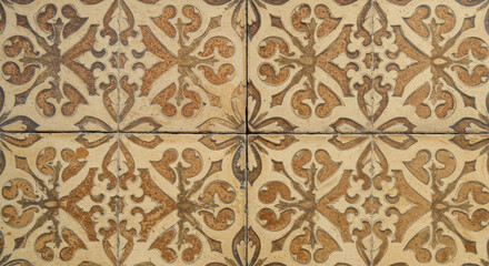 Close-up of Andalusian patterned tile with slightly faded pigments and gently worn edges, showcasing rich historical texture and vintage charm &mdash; perfect for heritage design and architectural visuals.
