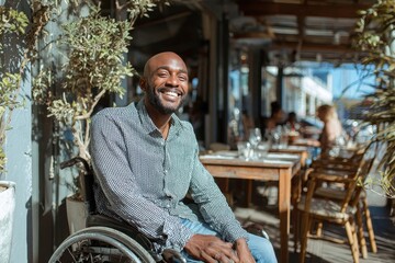 A man in a wheelchair smiles happily outdoors at a cafe.