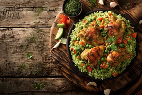 Arroz con pollo Peruvian chicken with green rice served on a rustic wooden board