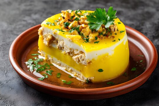 Causa rellena peruvian layered potato dish with chicken filling on ceramic plate
