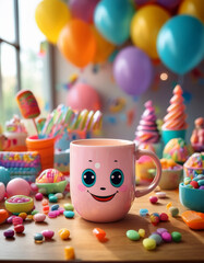 A cute coffee mug on a table covered in colorful toys and candy, balloons and cartoon drawings in the background, cheerful setting
