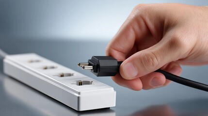 Hand plugging a power plug into a white power strip