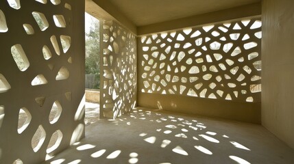 Obraz premium Interior architectural scene with sunlit, patterned walls