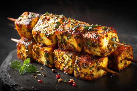 Grilled indian tandoori paneer tikka skewers on dark background
