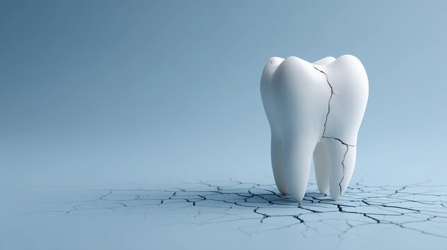 Cracked white tooth standing on a fractured blue surface - dental health concept