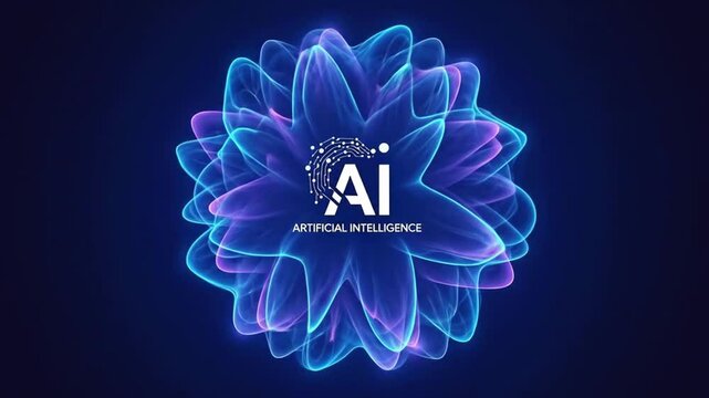 An ai logo is displayed in the center of a vibrant blue and purple wave pattern