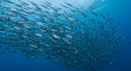 Fototapeta premium The photograph highlights the intricate patterns of a large fish school, their collective movement forming a living, fluid shape against the vibrant blue of the open ocean.