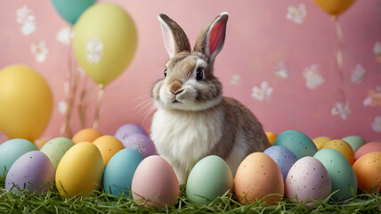 An Easter bunny surrounded by pastel-colored eggs in a bright, cheerful setting. Use soft lighting, spring elements like flowers or grass, and a clean background to emphasize the festive mood.  