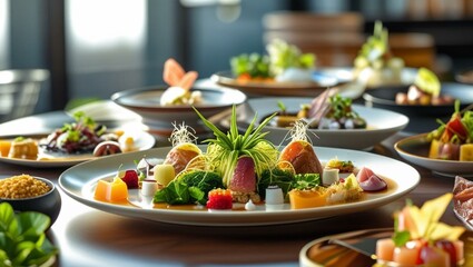 "Gourmet Fine Dining Plates with Elegant Presentation" Artistic arrangement of plated gourmet dishes in a fine dining setting, featuring colorful ingredients and refined culinary styling.
