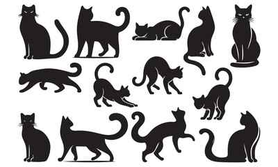  Cat silhouette collection. Set of black cat silhouette icon, black cat silhouette in various poses vector illustration 