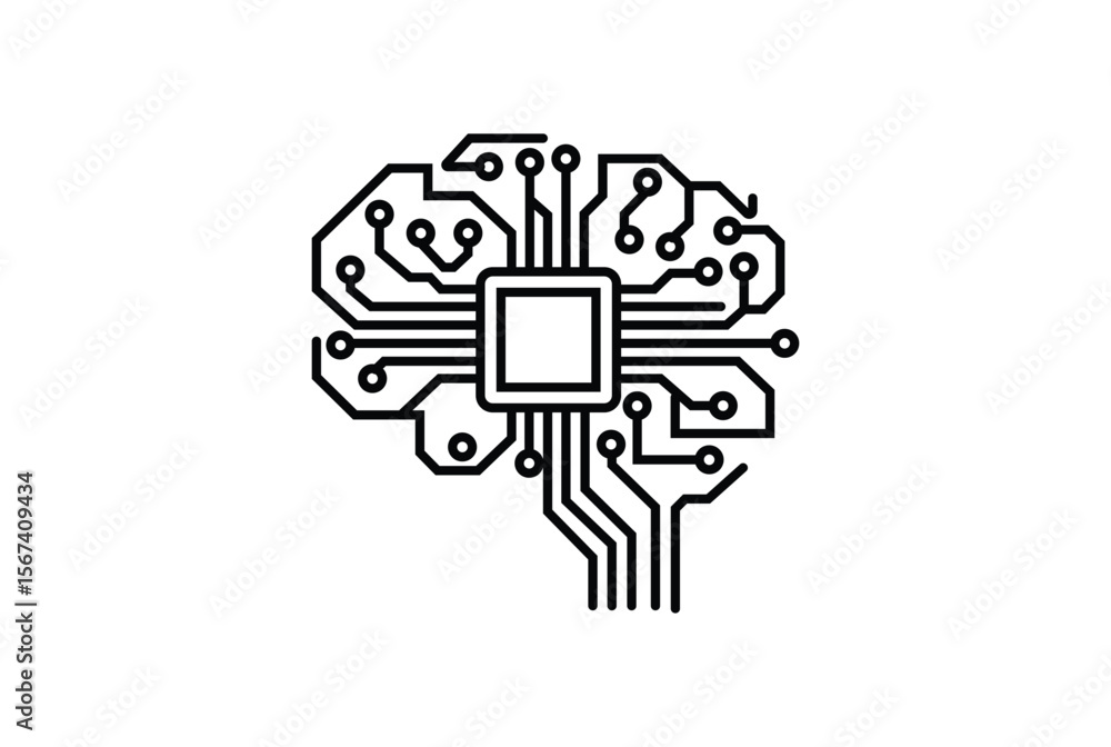 Poster abstract brain shape formed by electronic circuit board traces and a central processor chip isolated
