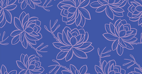 Colorful succulent flower seamless pattern on white background, ideal for botanical wallpapers, spring fabrics, eco packaging, wedding stationery, and modern floral surface design.