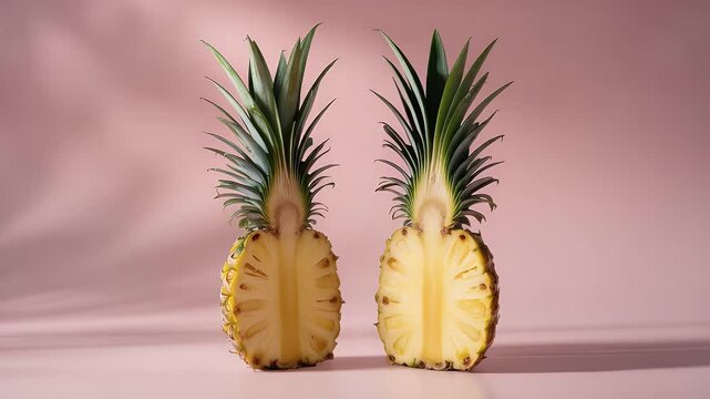 Two halves of a pineapple on pink background studio shot