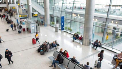 Blurred overhead view of travelers waiting in spacious modern airport terminal
