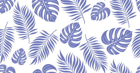 Seamless tropical leaf pattern in soft blue on white background, perfect for summer-themed prints, fabric designs, wallpapers, eco branding, botanical packaging, and decorative projects.