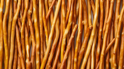 Flat lay of many pretzel sticks forming a crunchy textured background.