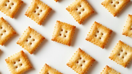 Flat lay of crispy square cheese crackers closely aligned edge-to-edge to create a tiled pattern, detailed crunchy texture, warm natural colors, soft overhead lighting.