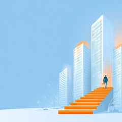 Man climbs steps toward city skyline at dawn; career growth