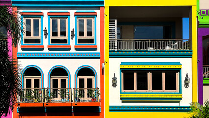 A colorful facade with geometric decor and balconies, decorated in rich colors, part of an...