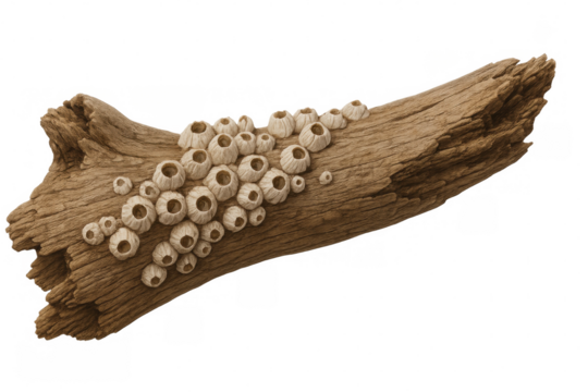 Weathered driftwood covered with clustered barnacles, revealing intricate marine textures against clean white backdrop