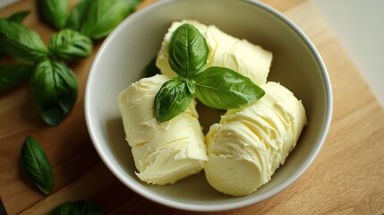 Fresh butter with basil leave in a bowl on wooden cutting board.