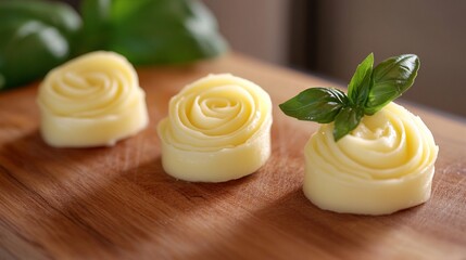 Fresh butter with one basil leave on wooden cutting board.