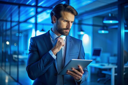 A man in a suit is looking at a tablet, possibly pondering a decision