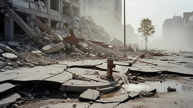 Urban destruction aftermath still image crumbling buildings damaged roads and debris