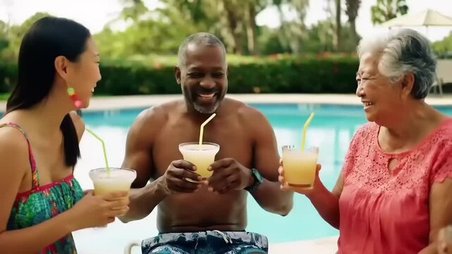 Joyful gathering of friends enjoying tropical drinks by the poolside on a sunny day